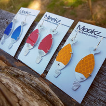 Load image into Gallery viewer, Sushi Soy Fish Drop Earrings - Blue, Red and Yellow Packaged Example
