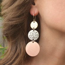 Load image into Gallery viewer, 3 tier ascending circle earrings brass dots, aluminium splash backing, copper no texture
