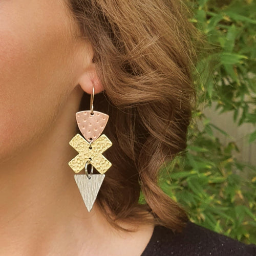 3 Tier Geometric Drop Earrings - Triangle X Triangle Modelled by Jess