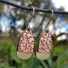 Load image into Gallery viewer, double drop earrings egg - copper multi x&#39;s and brass
