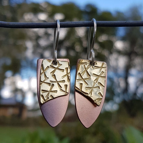 Double Drop Earrings Shield Brass Multi X's Copper
