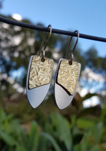Load image into Gallery viewer, Double Drop Earrings Shield Brass Cross Hatch Aluminium
