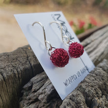 Load image into Gallery viewer, Pom Pom Drop Earrings Magenta on card side view 1
