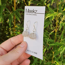 Load image into Gallery viewer, Pom Pom Drop Earrings Silver on card side view 1
