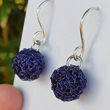 Load image into Gallery viewer, Pom Pom Drop Earrings Royal Blue Close up on card
