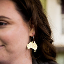 Load image into Gallery viewer, Australiana - Australia Map Hoop Earrings modelled by Erin closeup
