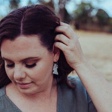 Load image into Gallery viewer, Australiana - Cockatoo Hoop earrings modelled by Erin in country

