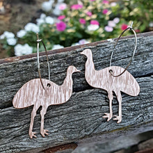 Load image into Gallery viewer, Australiana Emu Hoop Earrings close up on wood

