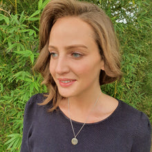 Load image into Gallery viewer, Round 18mm Necklace Sterling Silver Heart stamped Modelled by Jess
